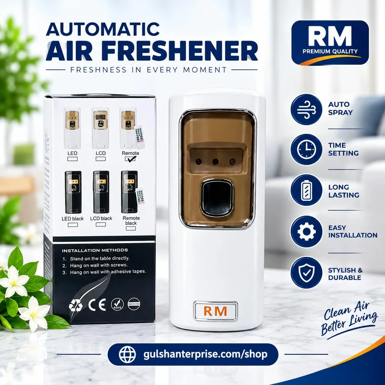 RM Automatic Air Freshener Dispenser – LED Display (White & Gold) - Gulshan Enterprise